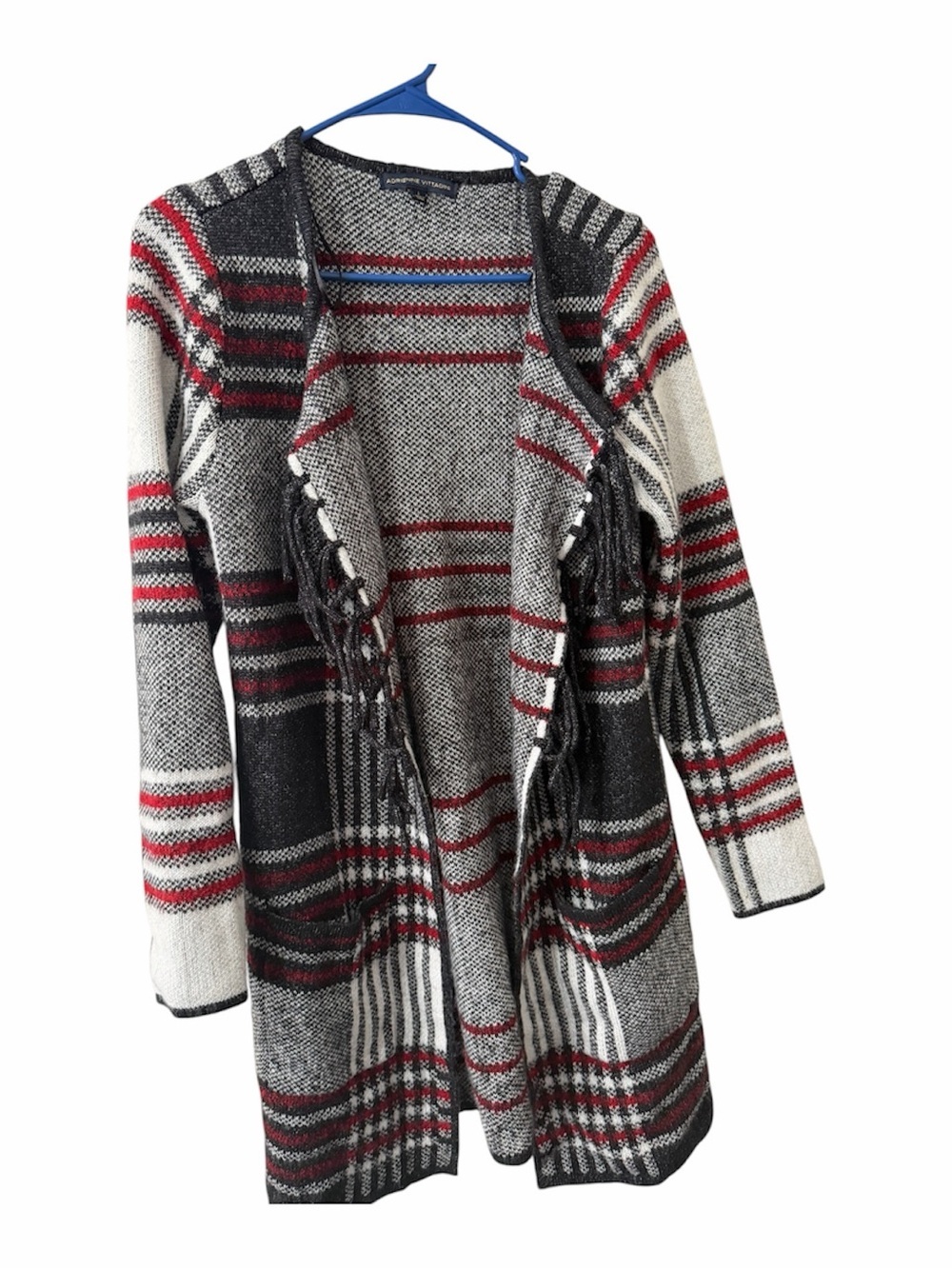 Adrienne Vittadini Plaid Fringe Open-Front Cardigan - Red, Black & White